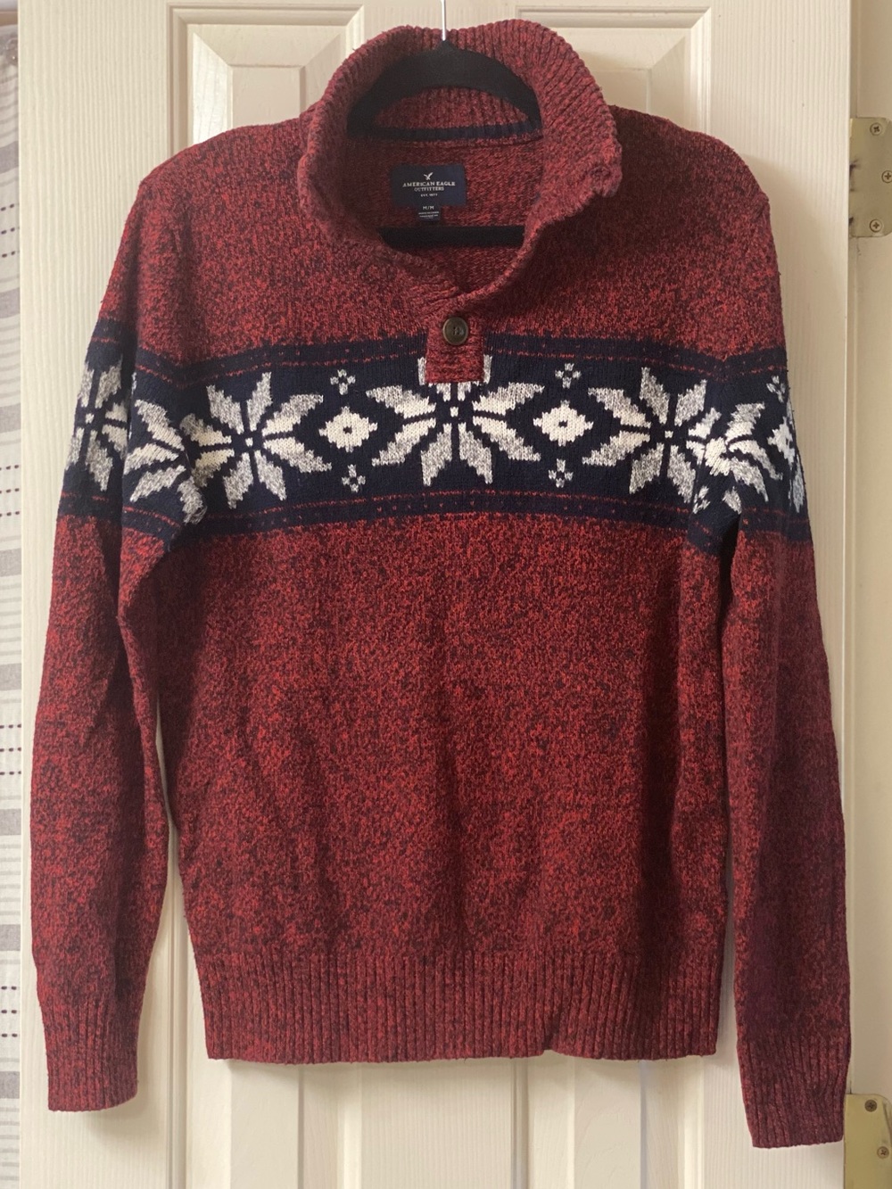 American Eagle Men's Red Fair Isle Mock Neck Sweater With Button Placket Size M